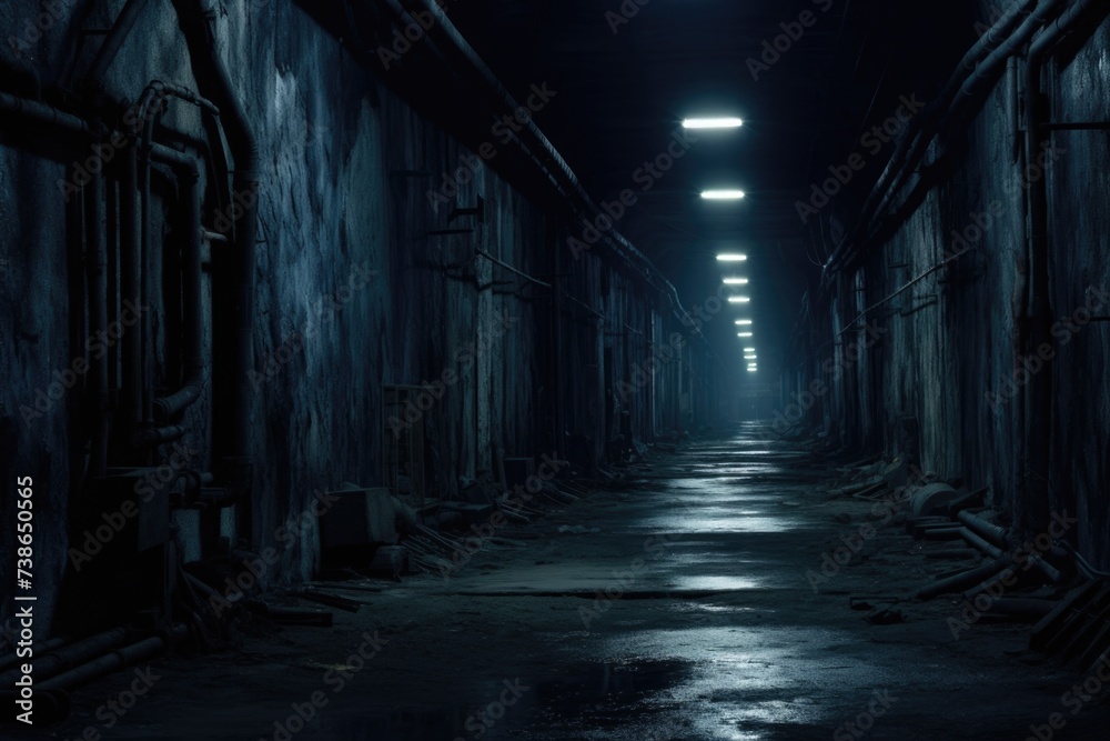 Aufkleber A mysterious and atmospheric image of a dark hallway with a bright light shining at the end. Perfect for creating a sense of anticipation and intrigue.