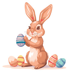 Vector cute cartoon rabbit with easter eggs