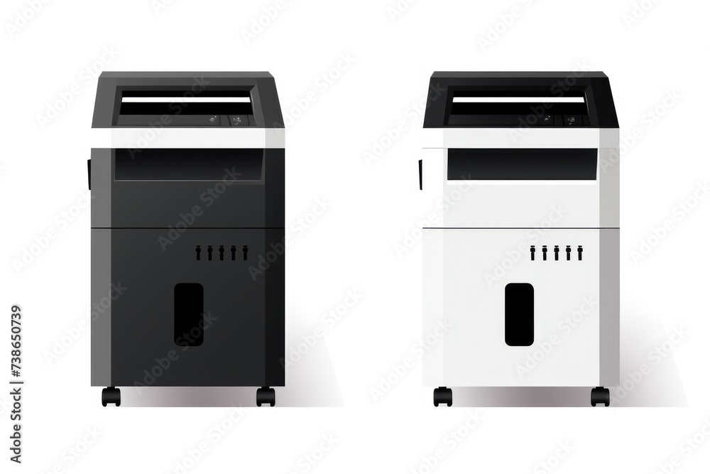 Poster Two black and white paper shredders placed next to each other. Perfect for office or home use