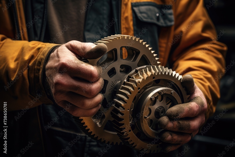 Poster A close-up view of a person holding two gears. This image can be used to represent teamwork, mechanical engineering, or the concept of working together to achieve a goal