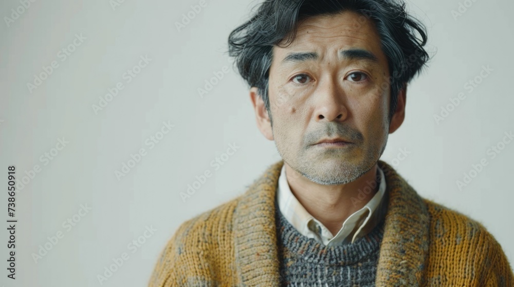 Poster a man wearing a sweater and sweater jacket looking directly at the camera. suitable for various uses