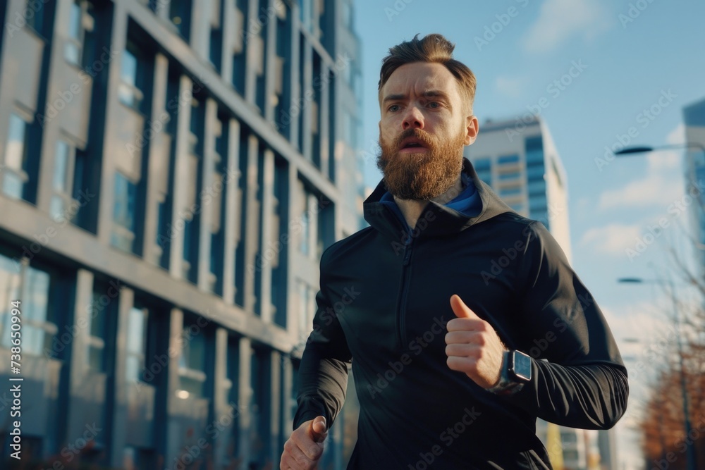 Poster A man with a beard is running through the busy city streets. This dynamic image captures the energy and movement of urban life.