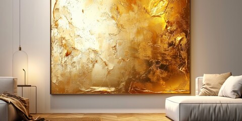 Modern art prints featuring a gold textured freehand oil painting on canvas with expressive brushstrokes. Also available as wallpapers, posters, cards, murals, rugs, and, Generative AI 