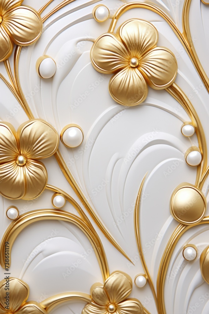 Poster a detailed close-up of a wall adorned with beautiful gold flowers. perfect for adding an elegant tou