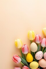 Fototapeta na wymiar A vibrant bouquet of tulips accompanied by colorful Easter eggs on a soft pink background. Perfect for springtime decorations or Easter-themed projects