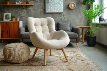 Vintage tan armchair and ottoman on the comfortable rug in modern lounge space with gray couch and classic furnishings.