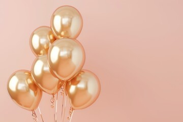 golden balloons on pastel peach background. festive background, birthday celebration with copy space