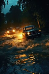 Obraz premium A nighttime scene of cars driving through a flooded street. Suitable for illustrating extreme weather conditions