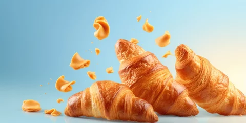 Tuinposter Croissants falling in mid-air, perfect for food blogs or bakery advertisements © Fotograf