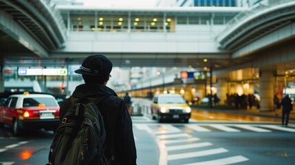 Traveler is awaiting a cab at Tokyo airport in Japan.