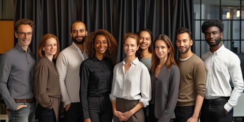 Multiethnic business people taking a group photo in a modern office, near black drape, Generative AI 