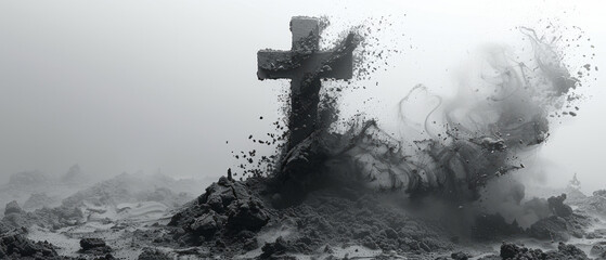 Ethereal Cross Amidst Ashes: A Symbol of Faith and Mourning