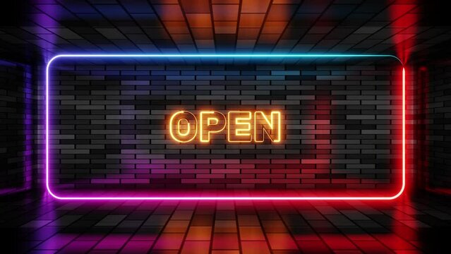 Neon sign open in speech bubble frame on brick wall background 3d render. Light banner on the wall background. Open loop entrance is available, design template, night neon signboard