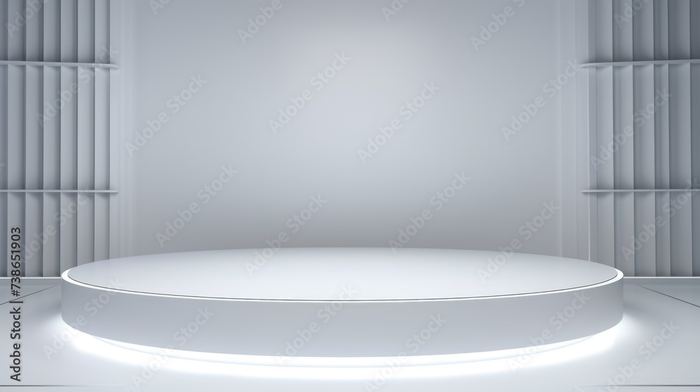 Poster Empty white podium in a room with vertical blinds, ideal for product display