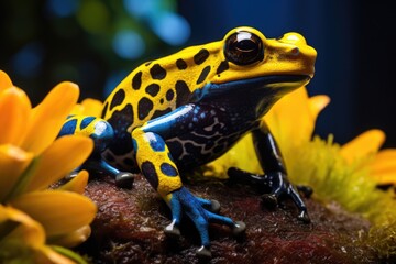Obraz premium A colorful frog perched on a vibrant flower. Perfect for nature-themed designs