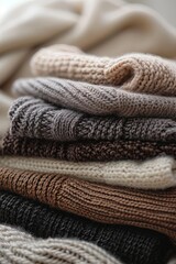 Cozy knitted sweaters in warm neutral tones, suitable for fashion retail. 