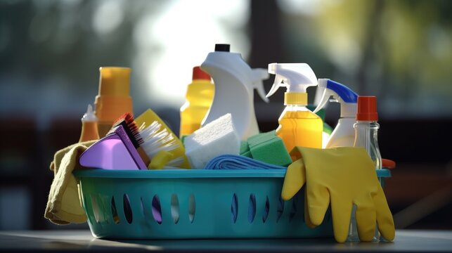 Basket filled with cleaning supplies on a table. Ideal for household cleaning product advertisements