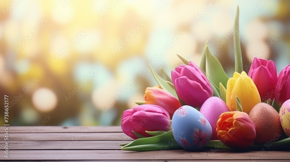 Poster Fresh tulips and eggs displayed on a rustic wooden table, perfect for spring or Easter themed projects