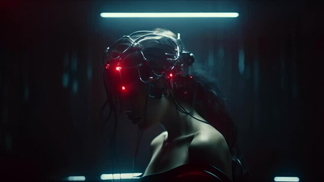 Beautiful cyborg girl on a technological background. Futuristic robot woman. Technology, robotics, artificial intelligence and future concept.