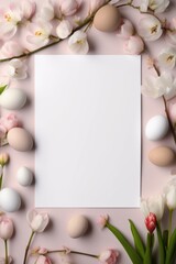 Naklejka na ściany i meble White sheet of paper surrounded by flowers and eggs, perfect for spring-themed designs