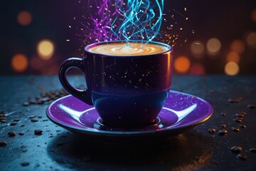 Energizing Morning Coffee Cup with Sparks in Futuristic Amethyst Vibes
