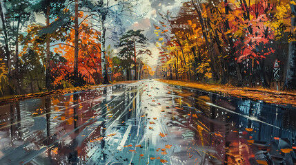 Wet highway and autumn trees