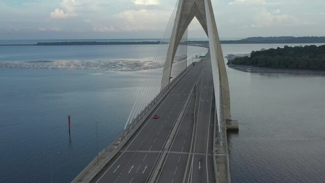 Drone view of a longest bridge in Southeast Asia, known as 'Sultan Haji Omar Ali Saifuddien bridge' previously known as 'Temburong bridge' located in Brunei Darussalam