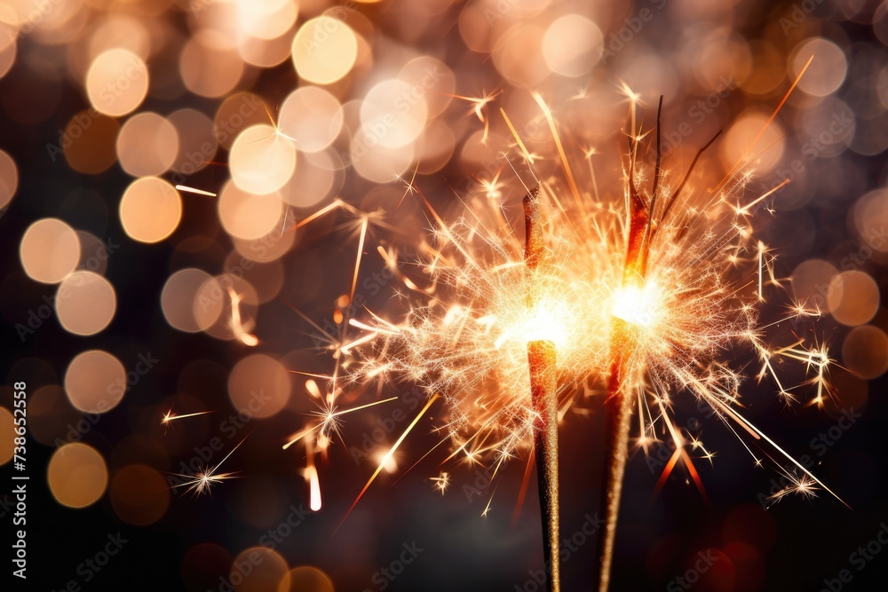 Poster Close up of a sparkler with many lights in the background. Great for festive occasions