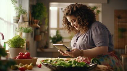 A woman standing in a kitchen looking at her cell phone. Ideal for technology and lifestyle concepts