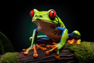 A red-eyed frog perched on a tree branch. Perfect for nature and wildlife themes