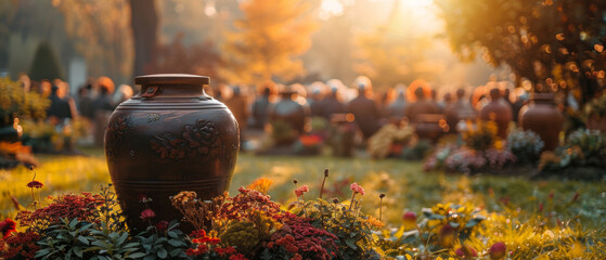 Funeral service in the open air on the background of an urn with ashes - obrazy, fototapety, plakaty
