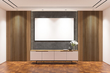 Modern contemporary  wall panel with frame mock up on the wall. Design 3d rendering of white and brown woods. Design print for illustration, presentation, mock up, interior, display, background. Set 6