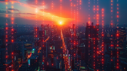 Futuristic cityscape at dusk, illuminated by neon AI algorithms, symbolizing the integration of technology and urban life.
