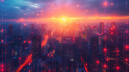Futuristic cityscape at dusk, illuminated by neon AI algorithms, symbolizing the integration of technology and urban life.