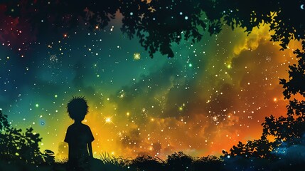 Fototapeta na wymiar Silhouette of a boy looking at the rainbow-colored starry sky