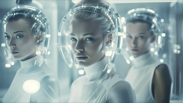 Beautiful cyborg girl on a technological background. Futuristic robot woman. Technology, robotics, artificial intelligence and future concept.