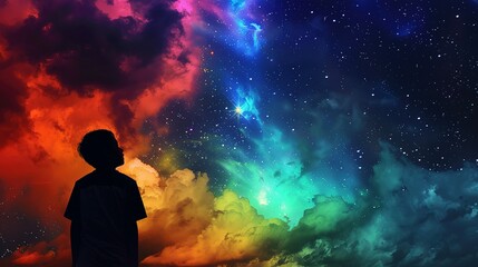 Silhouette of a boy looking at the rainbow-colored starry sky