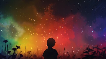 Fototapeta na wymiar Silhouette of a boy looking at the rainbow-colored starry sky