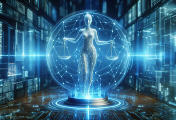Unbiased artificial intelligence, Scales of Justice in Digital World Concept. Digital illustration Scales on futuristic blue data network background. Fairness and equality in ethical AI systems - obrazy, fototapety, plakaty