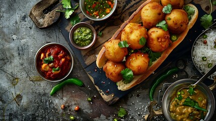 Indian vada pav street food snack with spicy potato fritters in a bun, served with chutneys and...