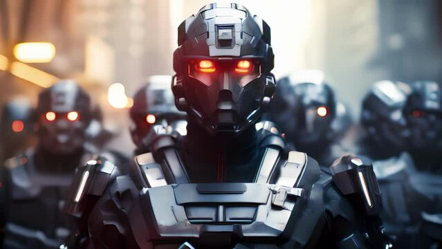 Combat robot in military metal armor. Futuristic cyborg security guard. Technology, robotics, artificial intelligence and future concept.