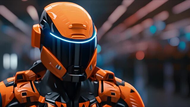 Combat robot in military metal armor. Futuristic cyborg security guard. Technology, robotics, artificial intelligence and future concept.