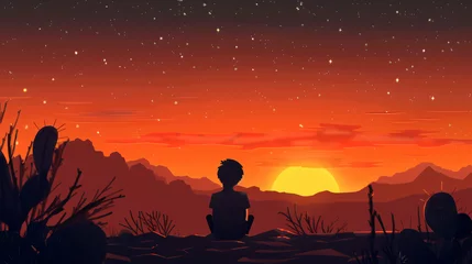 Rolgordijnen A boy looking at desert sunset © Mishi
