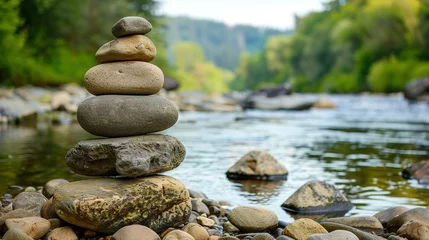 Foto auf Glas Oval stones stacked on the riverside © Jennifer