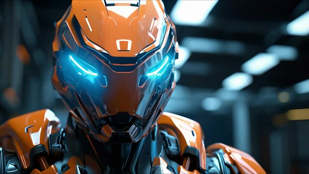 Combat robot in military metal armor. Futuristic cyborg security guard. Technology, robotics, artificial intelligence and future concept.