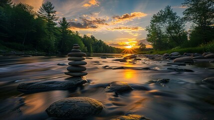 Oval stones stacked on the riverside