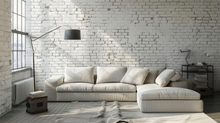 Modern Living Room with White Brick Wall AI Generated.