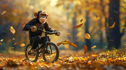 Playful Chimp Riding a Bike in Autumn