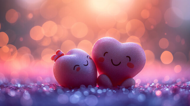 Two adorable heart-shaped figures share a moment amidst sparkling lights. This image is perfect for: love, romance, Valentine’s Day, relationships, happiness.