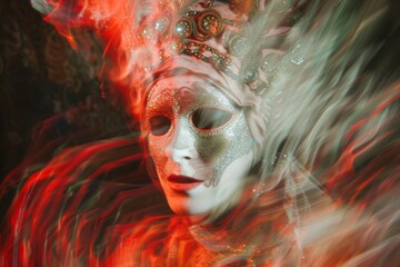 demon covered face bejeweled avant garde model, chromatic aberration, motion, blurred
